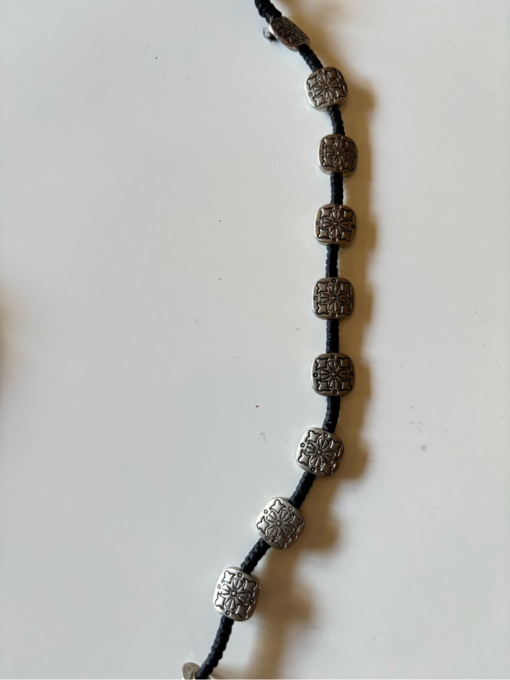 Silver Tone Floral Square Bead Black Cord Bracelet Button Closure - Picture 5 of 5
